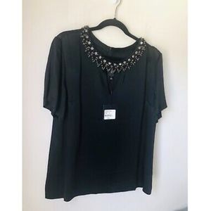 NWT St. John Caviar Multi Black Beaded Blouse 14